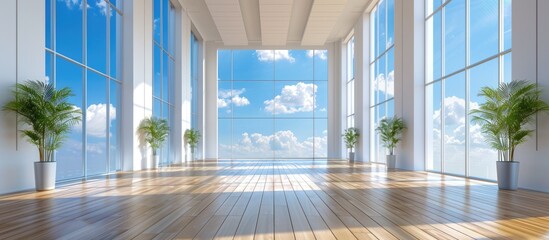 Poster - A modern building s interior featuring a lovely wooden floor white walls and windows offering views of the blue sky suitable for a copy space image