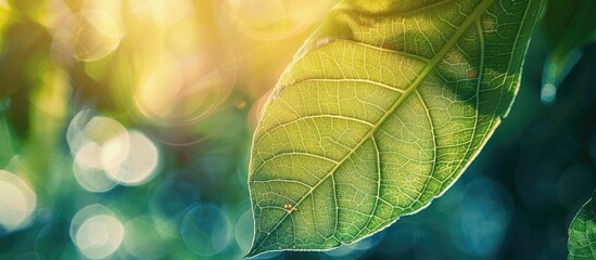 Wall Mural - vintage filter applied to a close up nature view of a sunlit green leaf ideal as a background image 