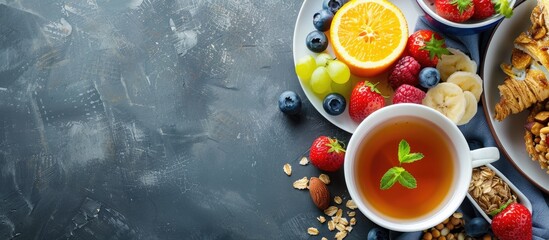 Wall Mural - Close up view of a nutritious breakfast with a plain background perfect for adding text or graphics known as a copy space image