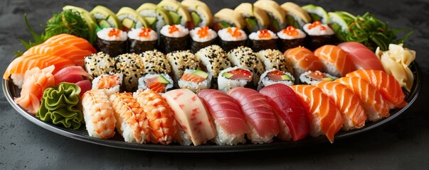 Wall Mural - A platter of sushi, each piece a delicate work of art, showcasing the freshest seafood and finest ingredients.