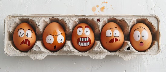 Poster - Easter themed photo of eggs with humorous facial expressions arranged in packaging on a plain white background ideal for copy space image