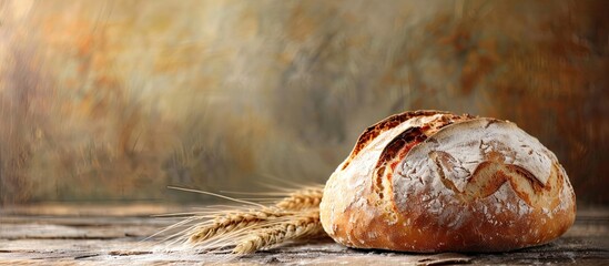 Poster - Loaf of freshly baked bread against a rustic background with copy space image