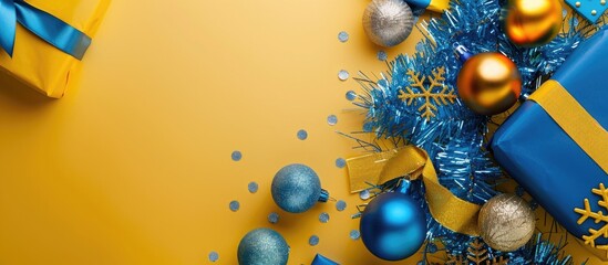 Wall Mural - Top view of a festive Christmas flat lay composition featuring gifts paper balls and tinsel in Ukrainian yellow and blue colors with available copy space image