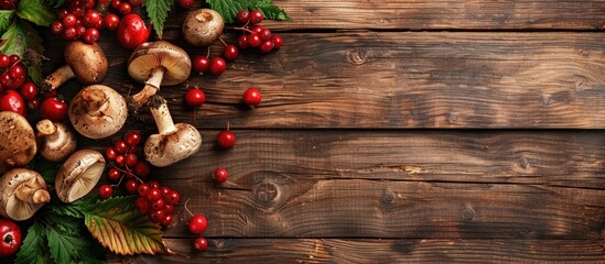 Poster - A rustic wooden background displays forest wild mushrooms and berries in a close up top view with copy space