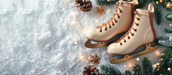 Poster - Festive greeting card featuring wooden skates on snowy backdrop with ample copy space image Flat lay and top view included