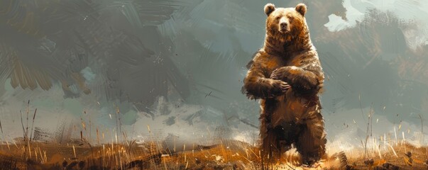 Wall Mural - A photorealistic painting of a powerful grizzly bear standing on its hind legs, its size and strength commanding respect.