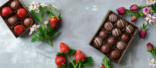 Sticker - A stunning arrangement of chocolate covered strawberries in a box accompanied by flowers displayed on a light grey table with ample copy space for adding text