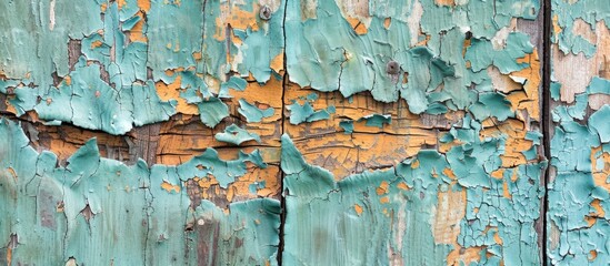 Sticker - Close up photo of a rustic weathered wooden surface with peeling paint providing an abstract background ideal for copy space image