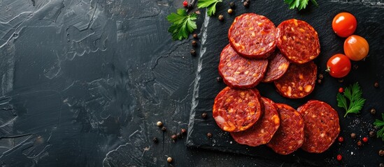 Canvas Print - Top view of sliced succulent halal Sucuk beef sausage on a dark background with ample copy space image