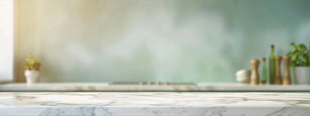 Poster - Empty marble tabletop in a modern kitchen design with sunlight coming from the window in the background
