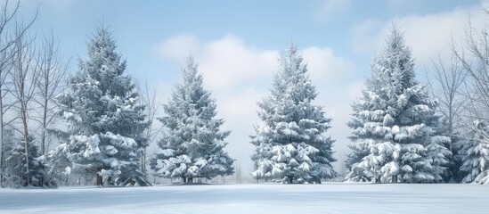 Wall Mural - Snow covered trees in a picturesque winter Christmas scene perfect for a festive copy space image