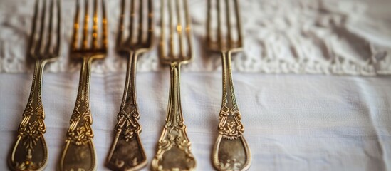 Canvas Print - Vintage forks displayed on a table with a white tablecloth providing copy space in a horizontal image emphasizing the forks