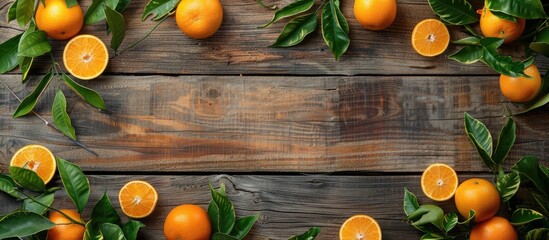 Poster - Wooden background with fresh oranges and leaves featuring copy space image