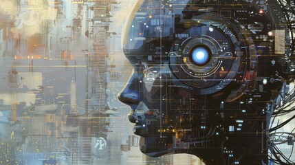 Wall Mural - business professionals collaborating with ai-powered robots and advanced technology in a high-tech o