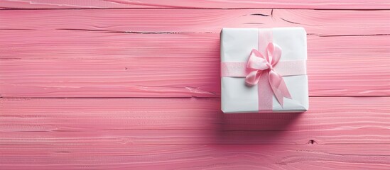 Poster - A white gift box displayed on a pink wooden background in top view showcasing a flat lay composition with ample copy space image