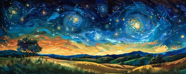 Wall Mural - Starry night sky over rolling countryside with swirling brushstrokes