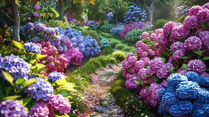 A vibrant garden with a mix of hydrangeas and azaleas, a small stone path winding through the flower beds.