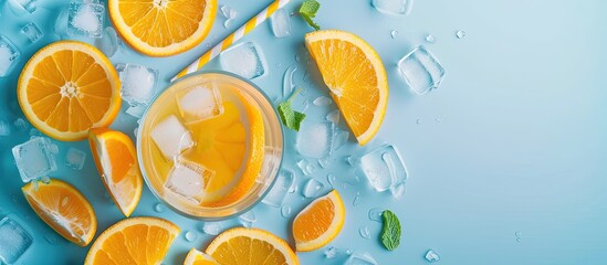 Poster - A refreshing drink made of orange slices ice cubes and a straw on a blue background seen from above with copy space image