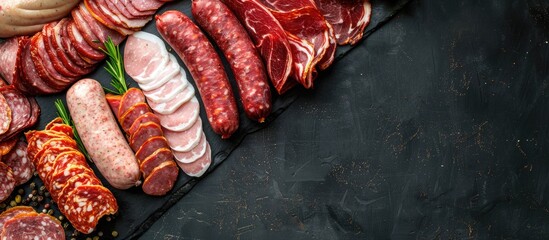 Canvas Print - A variety of meats like pancetta salami ham sausage prosciutto and bacon on a black background viewed from the top and with copy space image available