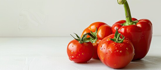 Sticker - A fresh red bell pepper and tomato on a white backdrop with room for additional elements in the image