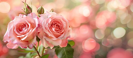 Poster - Two beautiful pink roses in full bloom with a blank space for an image. Copy space image. Place for adding text and design