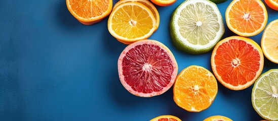 Wall Mural - Juicy citruses sliced in half on a blue background with copy space image