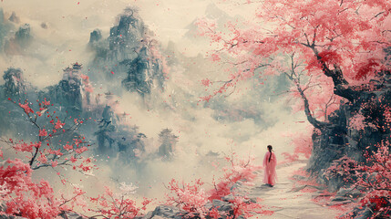 Wall Mural -  Visualize a traditional Chinese landscape painting 