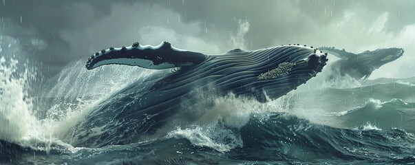 Wall Mural - Graceful humpback whales breaching the surface, 4K hyperrealistic photo