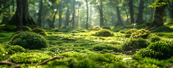 Sticker - Mossy Forest Floor Texture Background, 4K hyperrealistic photo