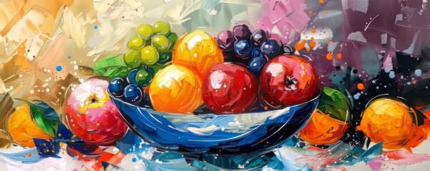 Poster - Vibrant fruit bowl with swirling brushstrokes and contrasting colors