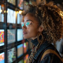 Young woman looking at a wall of screens