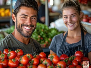 Poster - Smiling Farmers Holding Tomatoes