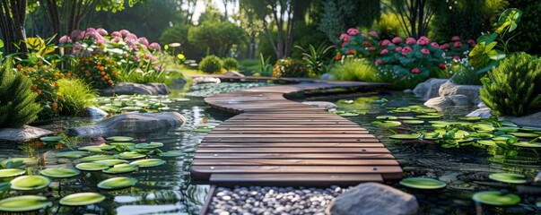 Wall Mural - Serene garden pond with a wooden footbridge, 4K hyperrealistic photo