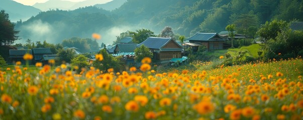 Poster - A tranquil village nestled in a valley, its cottages adorned with colorful flowers.