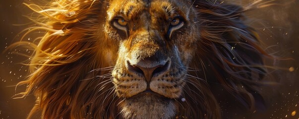 Canvas Print - A photorealistic portrait of a majestic lion's face, with its piercing eyes, flowing mane, and powerful muscles.