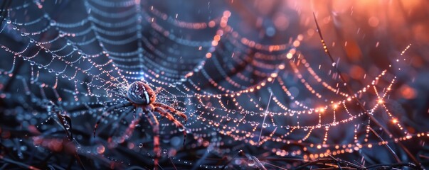 Sticker - A photorealistic image of a spider's web glistening with morning dew.