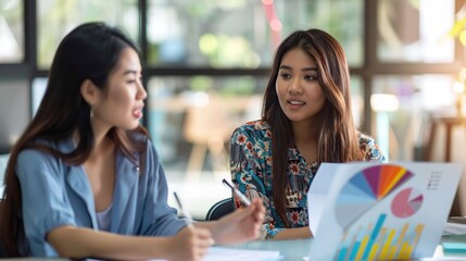 Wall Mural - Two Young Asian businesswoman discuss with new startup project Idea presentation, analyze planning and financial statistics and investment market at office. copy space for text.