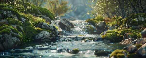 Sticker - Mountain Stream with Mossy Rocks, 4K hyperrealistic photo