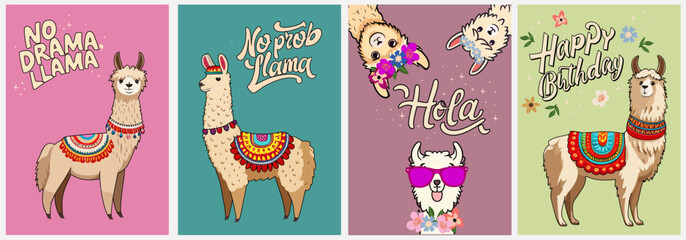 Set of card templates with Cute llama alpaca cartoon characters. Trendy graphic design for nursery wall art, poster, greeting, birthday card, baby shower party invitation. Colorful vector illustration