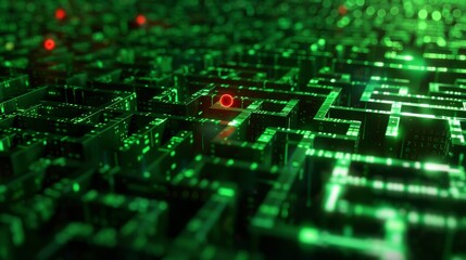Wall Mural - a digital maze teeming with glowing green code, a single red virus particle navigating through the l