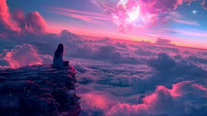 Wall Mural - Moonlit Introspection: A Woman's Poignant Journey of Self-Reflection Under the Starry Skies. Seamless looping time-lapse virtual 4k video animation