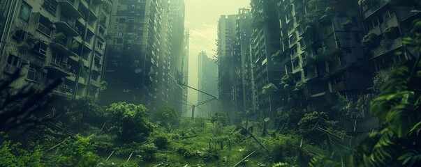 Wall Mural - A post-apocalyptic wasteland reclaimed by nature, with crumbling skyscrapers and twisted metal buried beneath verdant foliage.