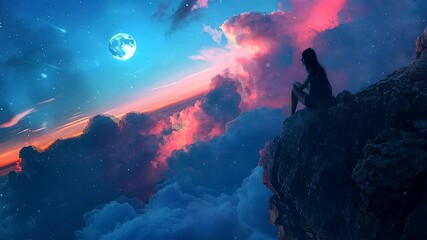 Wall Mural - Cliff's Edge Contemplation: A Pensive Soul Finds Solace in the Captivating Nightscape. Seamless looping time-lapse virtual 4k video animation