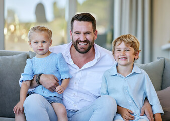 Canvas Print - Smile, relax and dad with children on sofa for fathers day celebration with bonding together at home. Happy, love and portrait of man hugging kids with care, comfort and pride in living room at house