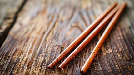 Canvas Print - Close up of chopsticks on wooden table with space for text