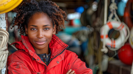 Wall Mural - A woman in a red jacket is smiling and looking at the camera