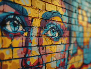 close view of colorful and detailed graffiti art on an old brick wall