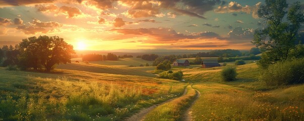 Wall Mural - Peaceful rural farmland at sunset, 4K hyperrealistic photo