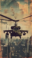 Wall Mural - A vintage-style poster of an Attack Helicopters AH-64 Apache patrolling a classic city skyline