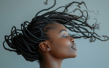 Wall Mural - A woman with long, curly hair is smiling and looking up. Concept of confidence and happiness